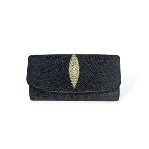 Stingray Skin Wallet Black Large Bifold Clutch Genuine Shagreen Pearl Eye